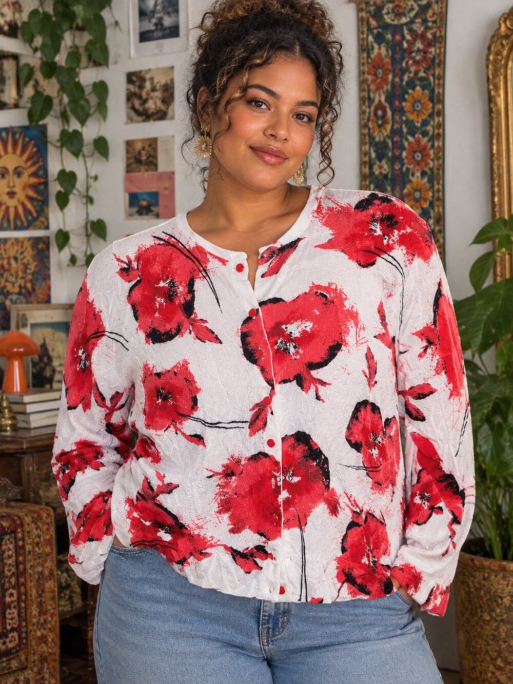 Spanner Floral Cardigan Sweater Size L Red Black White Button Front Lightweight
